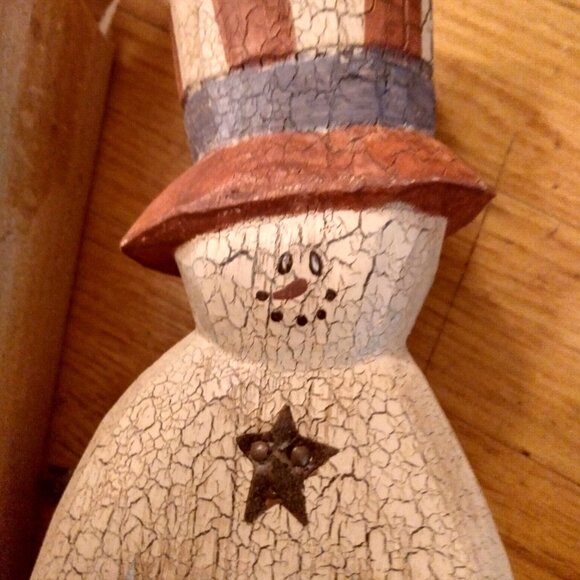 Vintage Sarah's Attic Primitive Patriotic Snowman Crackled Wood USA July Fourth - Picture 2 of 8